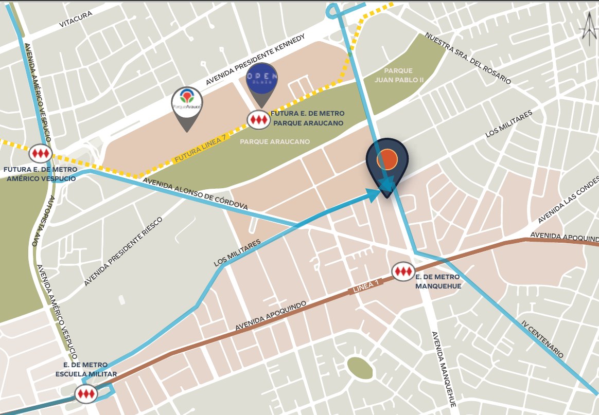 Mapa del entorno de Workhub Manquehue: Metro Manquehue (Línea 1), futura Línea 7, Parque Araucano, Av. Apoquindo y Av. Presidente Kennedy