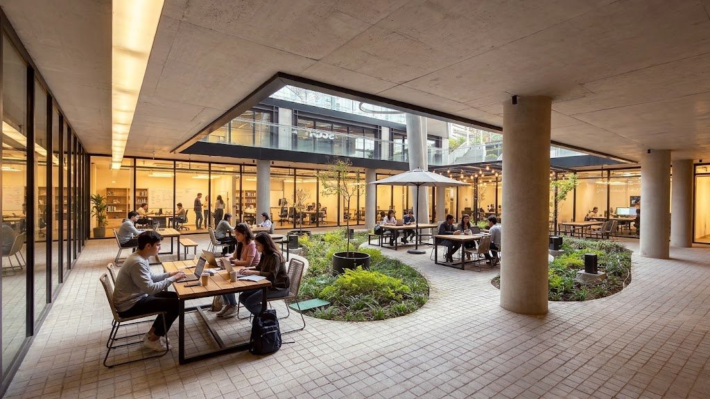 Patio inglés con jardín y mesas de trabajo, rodeado por las oficinas vidriadas del subterráneo