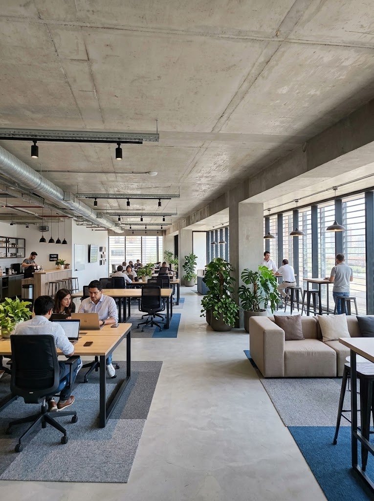 Piso de oficinas habilitado en planta abierta, con mesas compartidas, plantas y zona de estar