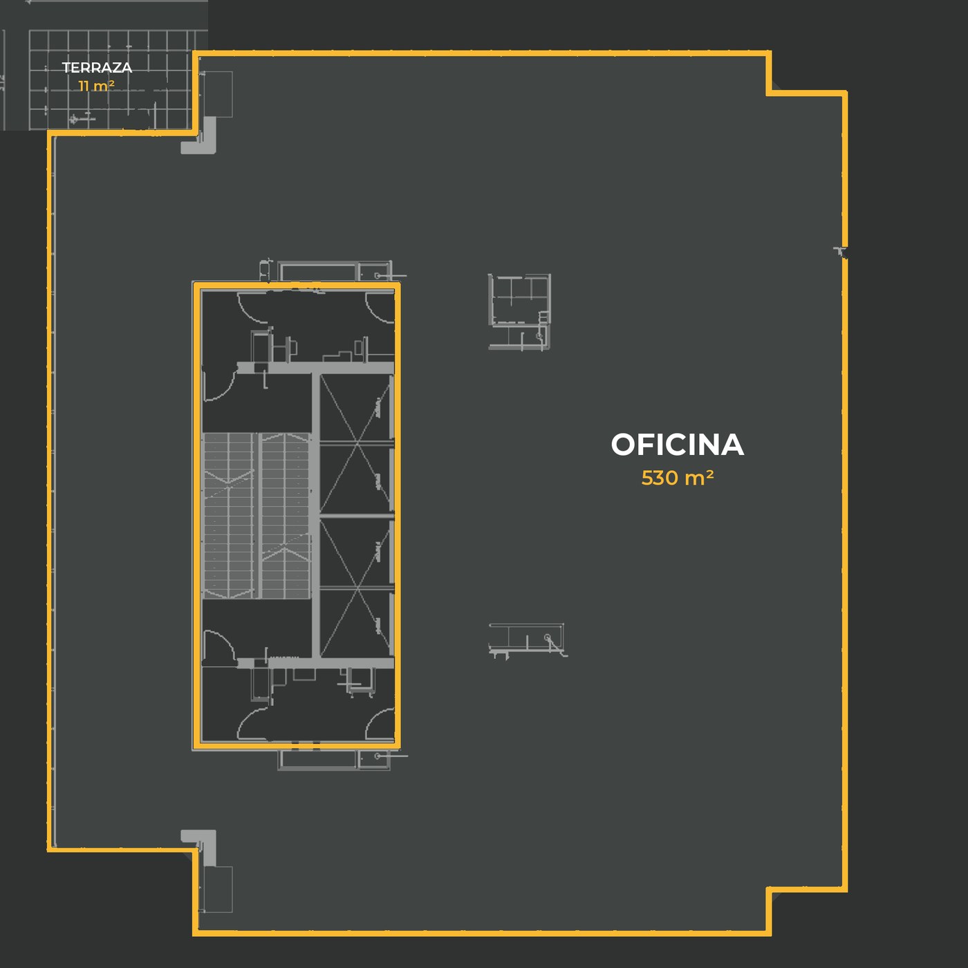 Planta tipo del piso 12: oficina de 530 m² en planta libre alrededor de un núcleo central, con terraza de 11 m²
