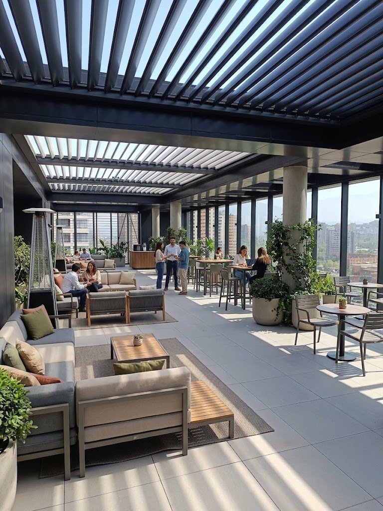 Terraza del piso 13 con pérgola, zonas de estar y mesas de trabajo, con vista a la ciudad
